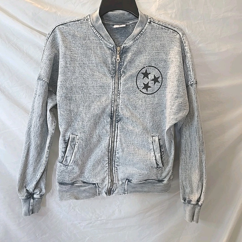 Spirit Sun Nashville‎ Full-zip Acid Wash Denim Look Sweatshirt Sz XS Y2K Vibes